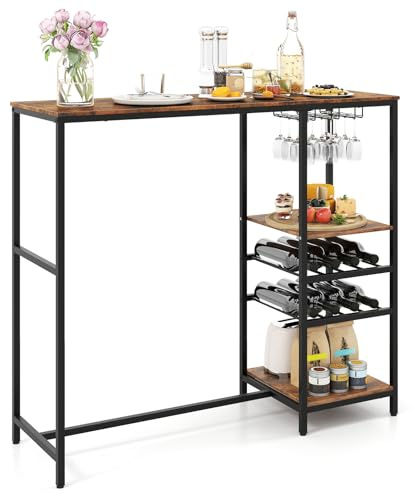 GIANTEX Tavolo da Pranzo Industriale con Ampio Piano, Ripiani Portaoggetti, Portabicchieri & Portabottiglie, Tavolo da Bar Alto Bistro in Metallo Robusto per Cucina Soggiorno Sala da Pranzo