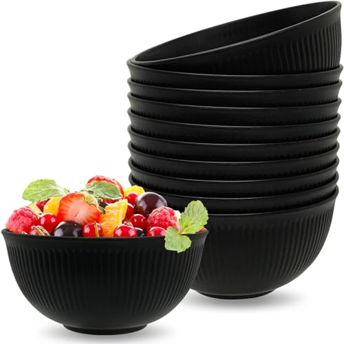 10PCS Black Reusable Plastic Bowls Cereal Breakfast Serving Bowls for Party | Large Capacity - 655ML/22OZ, 15cm Width, Big, Unbreakable, Reusable, Lightweight, for Parties Salad Soup Noodle Fruit