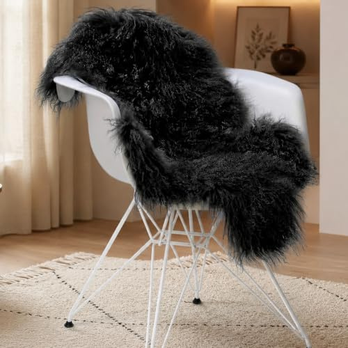 LIRA Deko Lammfell-Teppich 60×120 cm – echtes tibetisches Langhaar-Lammfell mit Lederrückseite, Fellteppich für Wohn- und Schlafzimmer, Schwarz
