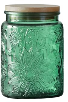 Hocadrv Vintage Glass Jar Glass Jar with Wooden Lid 700ml/24oz | Patterned Glass Jar Decorative Kitchen Jar for Coffee Candy Tea Cookies(Green)