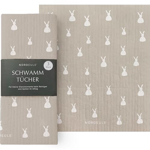 NORDEULE® Schwammtücher Ostern Beige 3 STÜCK | Reinigungstücher im nordischen Design | für Glanzmomente im Alltag oder als Geschenk zu Ostern, Osternest befüllen (Osterhase)