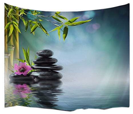A.Monamour Vert Bambou Pierre Noire Pierres dans l'eau Lac Zen Jardin Spa Décor Textile Tapis De Yoga Tapis Tissu Tissu Tapisserie Décoration 153X203Cm / 60 X80