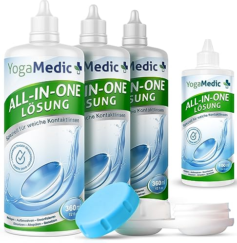 YogaMedic Kontaktlinsen Fluessigkeit - Linsenflüssigkeit Weiche Linsen, 3 x 360 ml, 1 x 100ml & 3 Kontaktlinsenbehälter, Kontaktlinsenflüssigkeit, All-in-One Kombilösung für Weiche Kontaktlinsen