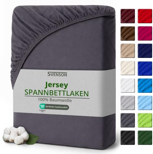 Svenson Jersey-Spannbettlaken – 100% Baumwolle, elastisch, bis 35 cm, geeignet für Boxspring- und Wasserbetten, weich und bequem, 200x220, Anthrazit Grau
