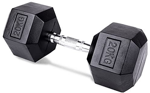 unycos - Hexagon-Hantel【1 x 20 kg】Gusseisen-Kurzhantel mit Gummi, Ergonomischen Verchromten Griff, Professionelle Gewichte für Zuhause, Krafttraining, Gymnastik und Fitness