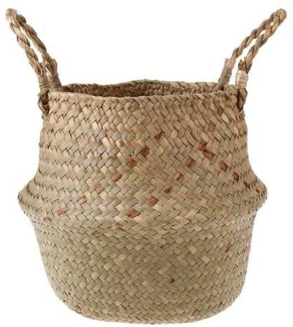 Handmade Grass Storage Basket Folding Clothes Laundry Basket Straw Wicker Rattan Seagrass Belly Garden Flower Pot Plant Woven Basket (diameter 32cm)