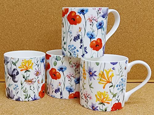 Wildflowers Meadow Mugs Set of 4 Large Balmoral 400 ml 14oz Bright Floral Cups Hand Decorated UK