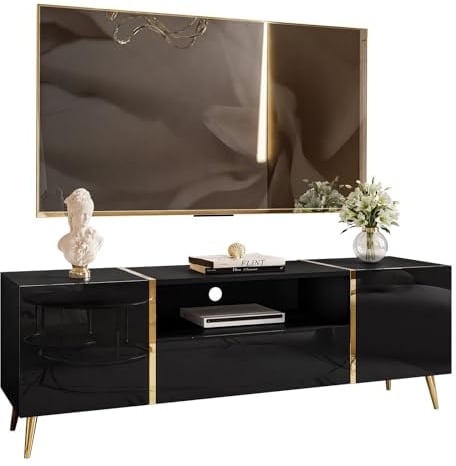 lukmebel RTV Schrank Onyx Auf Goldenen Beinen Hochglänzend Elegantes & Modernes Design Versteckte Ablagen Leicht Zu Reinigen Abrieb- Und Kratzfest Laminierte Platte 158x413x53cm Schwarz