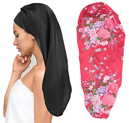 LadayPoa Lange Satin Haarhaube Mädchen seidige Mütze Damen,2 Stück Lange Satin Schlafmütze zum Schlafen Extra Große Satin Schlafmütze für langes lockiges Haar Schutz …