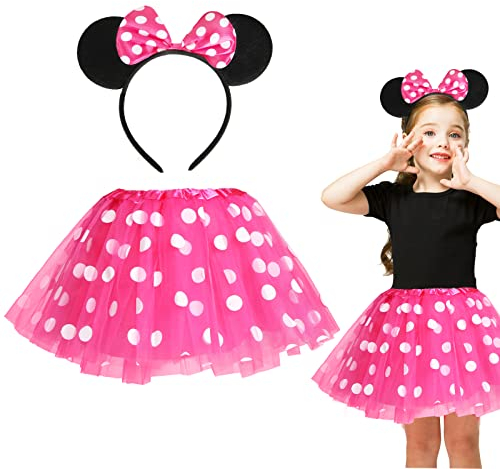 Capaneus Mädchen Maus Mouse Kostüm Rosa Tutu mit weiß Gepunktet+Haarreifen mit Maus Ohren und Schleife,Kinderkostüm Mäuschen Set für Halloween Fasching Karneval Motto Cosplay Party-2 stück