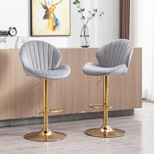 chairus 2er Set Drehbarer Barhocker aus Samt Hohe Hocker Höhenverstellbar Barstuhl Ohne Arme Küchenstühle mit Fußstütze (Grau(Samt)-2)