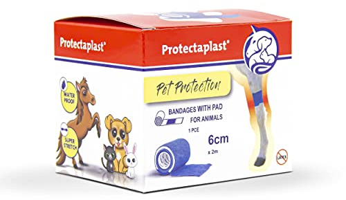 Protectaplast Selbstklebender Blau Verband für Haustiere (6cm x 2m) - Selbsthaftende Bandage ohne Latex & Kleber für Hunde, Katzen, Pferde - Hund & Katze Verbandsmaterial Wunden & Gelenke