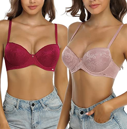 SHEKINI 2 Pieces Push Up Bra Set for Women Plus Size Underwire Bras Sexy Demi Cups Support Brassiere