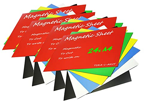 TUKA-i-AKUT 24x A4 Magnetfolie zum Beschriften und Zuschneiden, Flexibel Magnet Tafelfolie Magnetplättchen, Werbelehrmagnet Magnetische Etikett Plakat, 24er Set in 6 Farbe, TKD9040-bunt-A4-24x