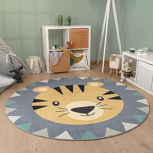 Paco Home Kinderteppich Teppich Kinderzimmer Rund Spielmatte Babymatte Waschbar Bis 30 Grad Löwenkopf Bärenkopf Moderne Deko, Grösse:160 cm Rund, Farbe:Bunt