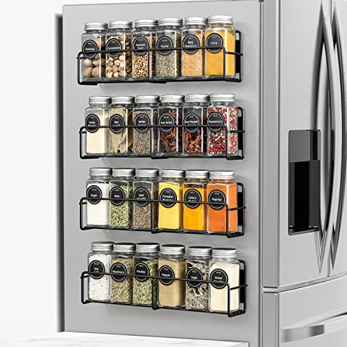 VITEVER Magnetisches Gewürzregal, 4er-Pack mit 24 Gewürzgläsern, Gewürzetiketten, Platzsparend für Kühlschrank und Mikrowelle