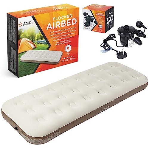 CROSS COUNTRY Single Airbed + AC Electric Pump – Extra Comfortable Inflatable Mattress, Waterproof Airbed, Quick Inflate/Deflate, Coil Beam Support, Blow Up Bed, Camping & Guest Inflatable Mattress