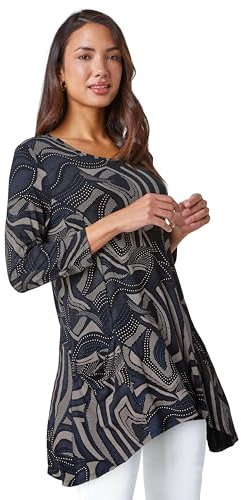 Roman Originals Swing Top with Pockets for Women UK Ladies Hanky Hem Asymmetric Tunic Blouse Longline Long Stretch Jersey Casual Round NeckTee Shirt T-Shirt - Taupe - Size 10