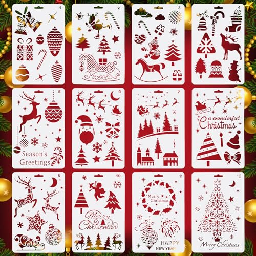 12 Stück Schablone Weihnachten, Schablonen Kinder, Schablonen Vintage, Malschablonen Kinder, Weihnachtsschablonen Schneespray Fenster, Zeichenschablonen Kinder, Kunststoff Schablone (26 X 18cm)