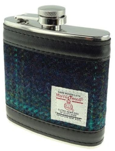 Glen Appin of Scotland 6oz Harris Tweed Hip Flask - Blue with Turquoise Overcheck HF2100-COL119