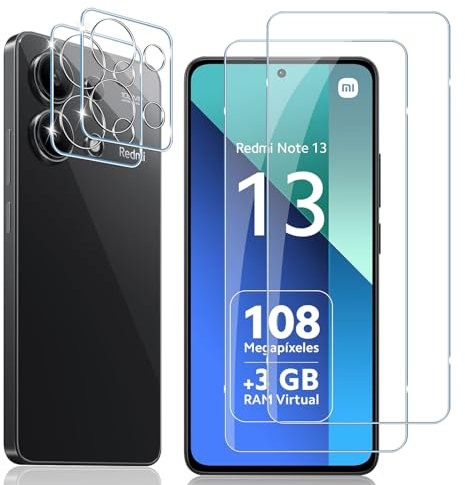Locofun Protector de Pantalla para Xiaomi Redmi Note 13 4G, 2 Piezas Cristal Vidrio Templado y 2 Piezas Protector Lente Cámara, [Dureza 9H] HD Anti-Arañazos Película Protectora