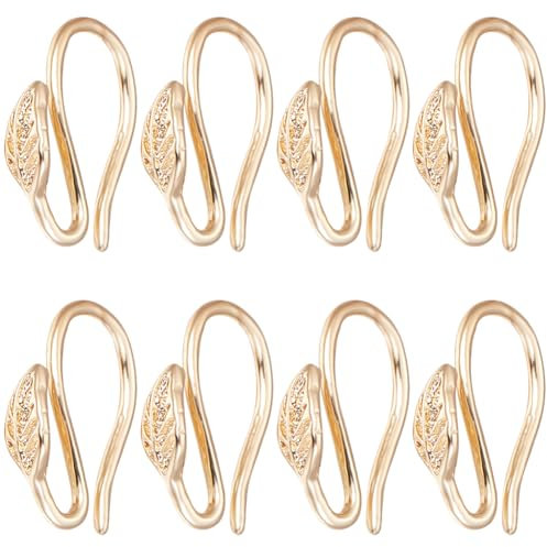 Beebeecraft 1 Box 30Pcs Earring Hooks 18K Gold Plated Brass 12mm Ear Wire with Leaf Shape for DIY Jewellery Making