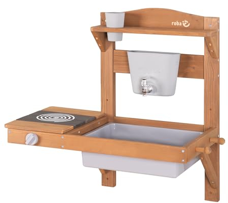 roba Kinder Matschküche zum Hängen - Funktionelle Outdoor Spielküche mit Wasserspender & Zubehör - Wetterfestes Holz - Teakfarben lasiert