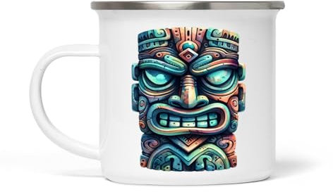 Vintage Tiki Weiße Emaille Tasse - 354 ml, langlebig und elegant, Ideal für Kaffee, Tee und heiße Getränke