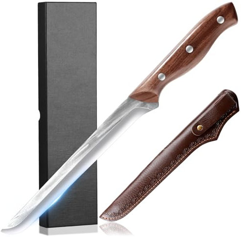 Plys Cuchillo Jamonero Cuchillo para deshuesar pescado: con funda de cuero Forja Cuchillo de cocina Hoja afilada Corte carne Cuchillo para picar fabricado en acero inoxidable y corta pescado