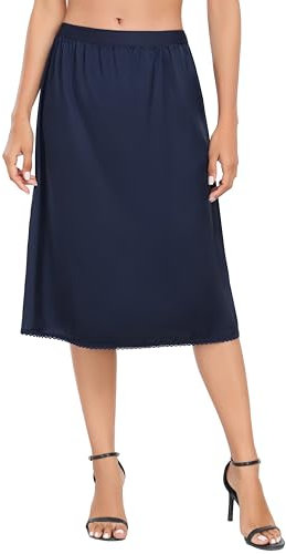 Vlazom Women's Half Slips, Satin Silky Long underskirts for dresses Lace Hem Soft Petticoat for Under Dresses Navy Blue,XL