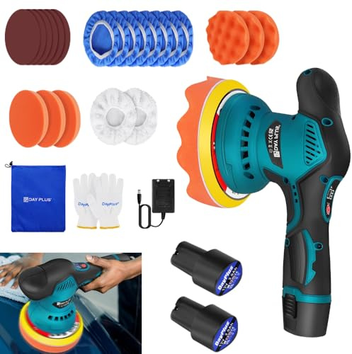 Qimu Akku Poliermaschine, Auto Poliermaschine Set 22pcs, Dual Action Elektrische Poliermaschine mit 2pcs 2,0 Ah Batterien, Akku Wachsmaschine, Akku-Polierer für Wachsen, Autopflege und Polieren