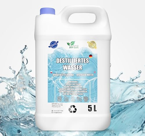 Eau distillée 100% pure 5L | Eau déminéralisée 5L - eau distillée adaptée pour fer à repasser, humidificateur, batteries et bien plus encore