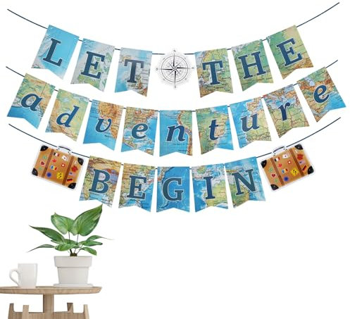 Wimpelkette mit Aufschrift Bon Voyage, Let The Adventure Begin, Weltkarte, Wimpel für Abschied, Geburtstag, Babyparty, Abschlussfeier, Ruhestand, Reisen, Party, Thema, Glück, Dekoration, Zubehör,