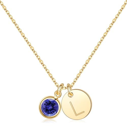 TINGN Gold Geburtsstein Anhänger Kette Damen, 14K Vergoldet Dezember Geburtsstein Tansanit Halskette Mode Runde Cut Buchstaben L Kette Schmuck Geburtstag Geschenke für Mädchen Frauen Mutter Freundin