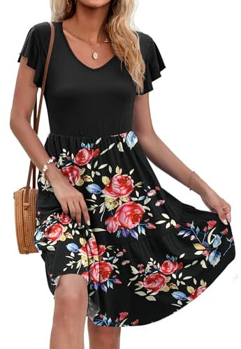 AUSELILY Women Summer Dress Ruffle Petal V-Neck Sundress Short Sleeve Casual Dress with Pockets Black Rose Black L