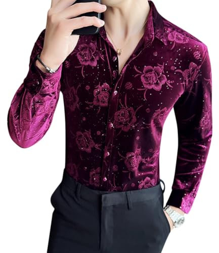 Oanviso Chemise Décontractée pour Homme Chemise à Manches Longues Classique Chemisette Parti Chemise en Velours Élégant Chemise Luxe Chemise Printemps Slim Fit Shirts Mode B Violette 3XL