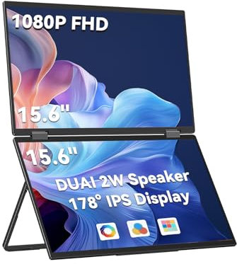 MINISFORUM Monitor de Pantalla Dual portátil Plegable de 15,6 Pulgadas, Extensor de Pantalla para portátil 1080P FHD USB C/HDMI, 45% NTSC ΔE<1.180° de rotación, Altavoces Integrados (Mac/Win)