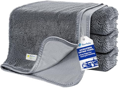 Surfela Pack de 4 Toalla Secado Coche, Paño Microfibra Coche rápido y sin Marcas, Bayetas Microfibra Súper Absorbente, Limpieza Potente y sin Arañazos, Coche, Ducha, Cocina, 40×60cm