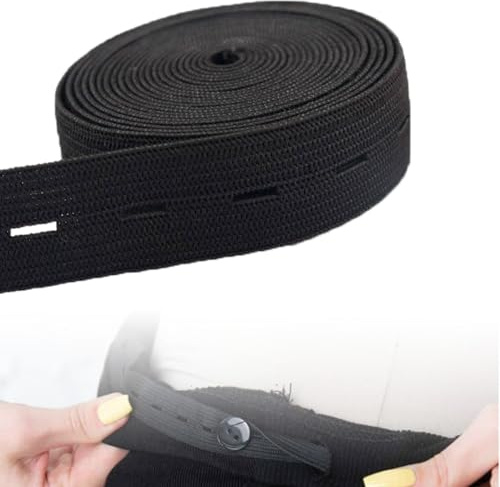 HSYTEK 30 m Gummiband mit Knopfösen, 15 mm Breit Gummibänder Nähen, Gummilitze Elastisches zum Nähen für Hosenknopflöcher, Aufbewahrung, Perücken, Bastelarbeiten, Schwarz
