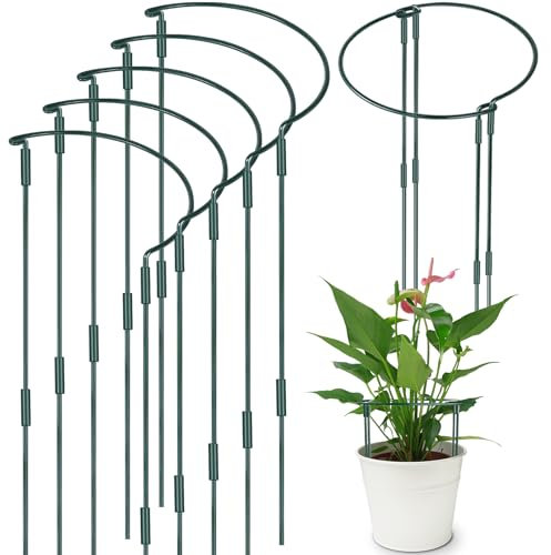 YeahBoom 5 Pezzi Pali di Supporto per Piante,25 × 60cm Regolabili Supporti per Piante Semitondi,Anello di Supporto per Piante,Semitondo Anello di Supporto,per Peonie, Vite, Piante Rampicanti Fiore