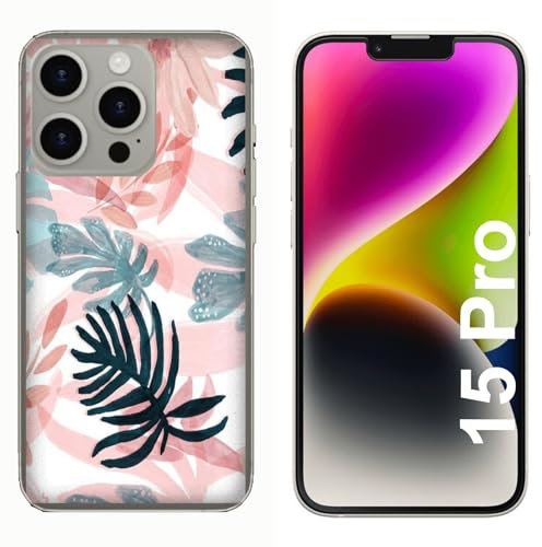 Generico Cover compatibile con Cover Apple iPhone 15 Pro Foglie rosa e verdi/Gel di silicone morbido TPU