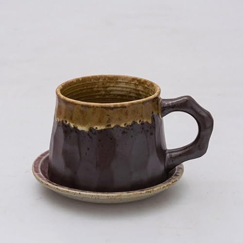 Gohobi Colourful Handmade Stoneware Coffee Mug and Saucer Set – Japanese Vintage Style (Chocolate)