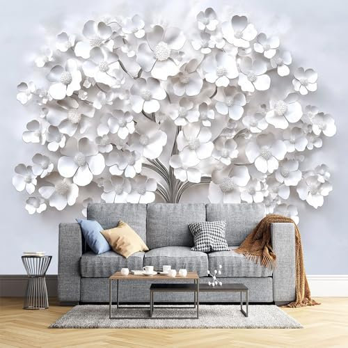 DLERFLOVR Papier Peint - Arbre À Fleurs Blanches - 3D Poster Geant Mural Photo Sticker Arbre De La Vie Décoration Murales pour Salon Chambre Canapé Restaurant Tv Fond Mur