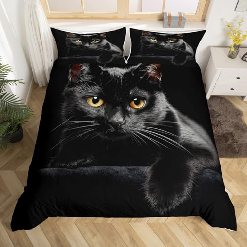 richhome Katzen-Bettbezug, 140 x 200 cm, Cute Kitten, Bettwäsche für Kinder, Mikrofaser, leicht, Bettbezug 140 x 200 cm, geheimnisvoll, schwarz, Katzen-Dekor