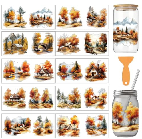 arricraft 10 Stück Herbstlandschaftsthema Tassendruck UV Transferpapier 10 Stile Bäume Berge Hütte Im Wald PVC DIY Wärmeübertragung Aufkleber Für 16 OZ Glas Tassen Handwerk 9.5x4.3 Zoll