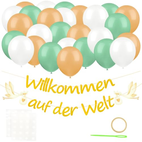 FIDWALL Herzlich Willkommen Baby Girlande Junge und Mädchen, Welcome Home Baby Deko, Storch Geburt für Draussen, Willkommen Zuhause, Willkommen auf der Welt, Baby Shower Deko, Taufe Deko, mit 30 Ballo