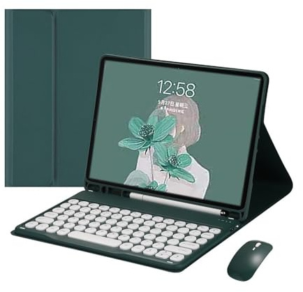 kuaijiexiaopu Abnehmbare Tastatur mit runden Tasten, PU+TPU-Leder-Standhülle, kompatibel mit iPad Air 13 Zoll 2024(Dark Green+Keyboard+Mouse)