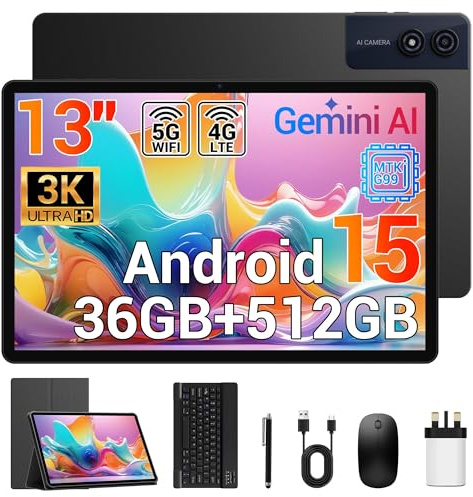 Tablet 13 Inch, 3K Display 2944×1840, 36GB RAM 512GB ROM/TF 1TB, 4G LTE Dual SIM+5G WiFi, 2.2GHz G99 Octa-Core, GPS/Widevine L1/Gemini AI/11580mAh, Android 15 Game Tablets with Keyboard/Mouse/Case