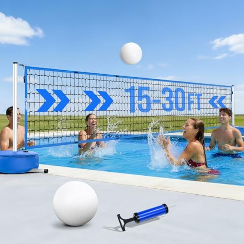Patiassy Pool Volleyball Net Set with Weighted Base, Adjustable Width from 15ft-30ft Indoor Outdoor Net System for Swimming Pools, Suitable for Water Games, Garden, Beach and Outdoor Activities