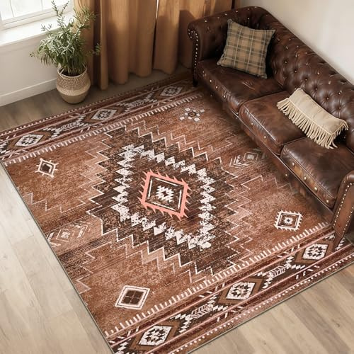 Alishomtll Teppich Läufer, Vintage Geometrisch Teppich Braun 120x160 cm | Rutschfest Kurzflor Küchenteppich, Weich Waschbar Flurläufer für Wohnzimmer Schlafzimmer Arbeitszimmer Küche Eingang